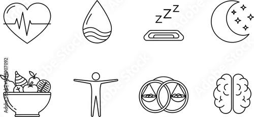 Health and wellness outline vector icon set for self care and balanced lifestyle isolated on white background