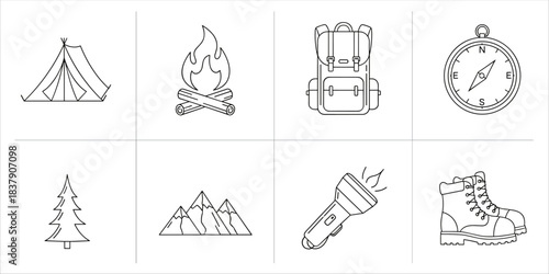 Camping line icons set with tent, fire, backpack, compass, boots, trees, and outdoor tools

