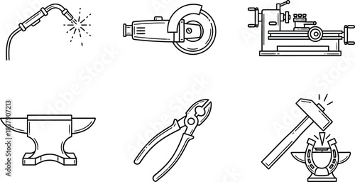 Industrial construction and metalworking tools vector icon collection isolated on white background