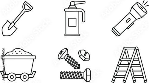 Mining and construction equipment vector icon set featuring various tools like shovel ladder and screws isolated on white background