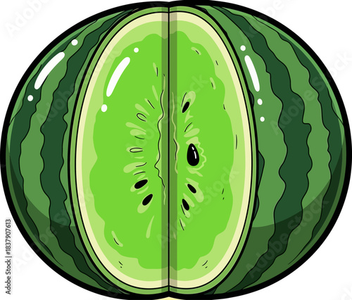 Freshly sliced watermelon reveals vibrant green flesh and black seeds inside.