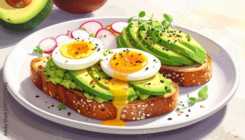 Avocado toast glows on wooden board—ritual of layered nourishment and sunny breath, where eggs, radish, and grain choreograph the emotional architecture of vitality, balance, and morning grace.
