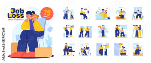 Office Workers Facing Job loss, Layoffs, or Unemployment Vector Illustration Set