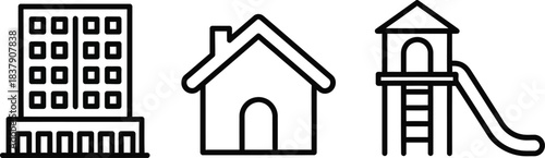 Outline vector icon set featuring residential buildings and a playground structure isolated on white background