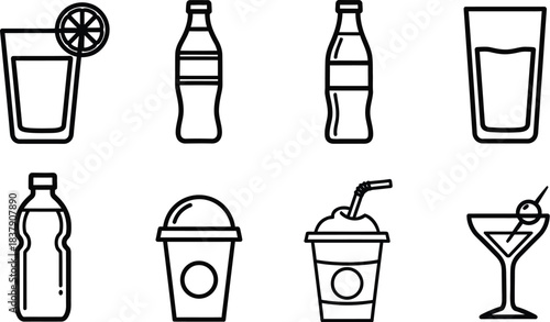 Set of 8 drink icons vector collection including various beverage containers isolated on white background