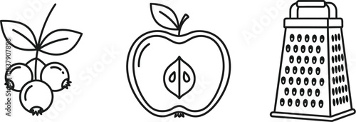 Set of food and kitchen utensil vector icons featuring berries apple and a grater isolated on white background