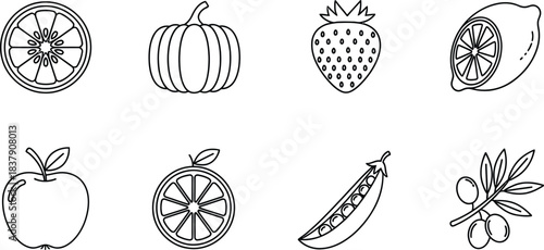 Set of six fruit vector icons featuring various healthy food items for nutrition and diet concepts isolated on white background
