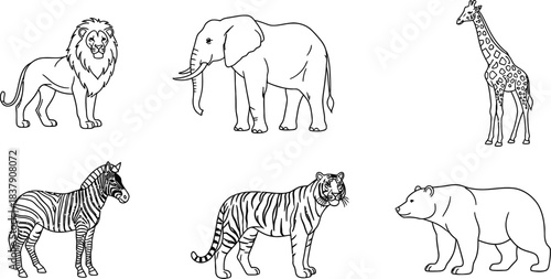 Set of six animal outline vector icons including lion elephant giraffe zebra tiger and bear isolated on white background