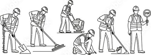 Six construction workers vector icon set depicting various manual labor tasks isolated on white background
