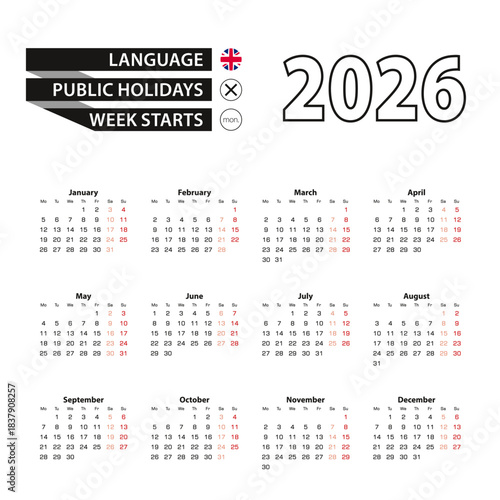 Calendar 2026 in English language, week starts on Monday.