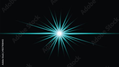 Bright cyan blue light burst star flare effect on black background