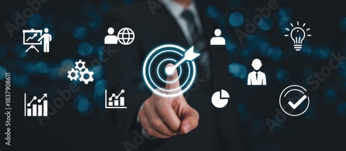 Targeted Strategy: An individual's finger precisely touches the center of a target, symbolizing a laser-focused approach to goals and strategies, framed within a tech-infused environment.
