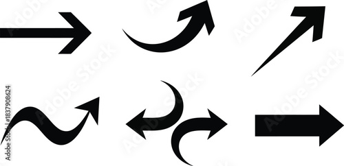 Six vector arrow icons pointing in various directions for navigation and user interface isolated on white background