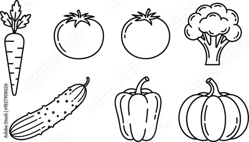 Six outline vector vegetable and fruit icons collection for healthy eating and grocery applications isolated on white background