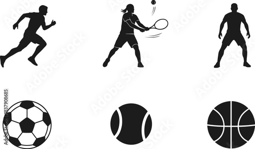 Sports activity vector icon set featuring various athlete silhouettes and balls isolated on white background