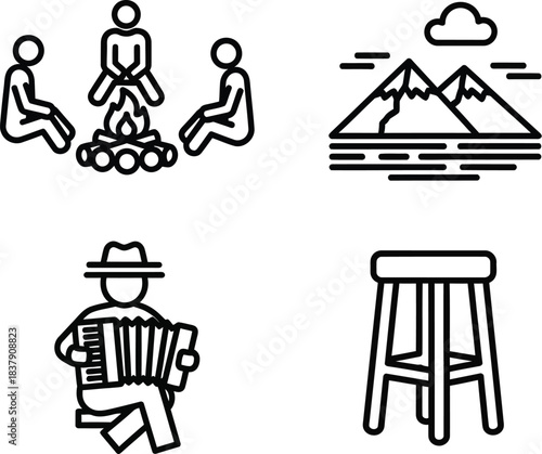 Vector icon set featuring outdoor campfire, mountains, accordion player, and bar stool isolated on white background