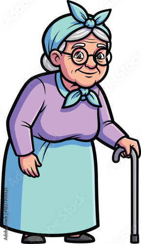Friendly Cartoon Grandmother with Glasses Headscarf and Walking Cane.