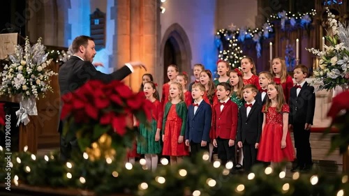 Man conducts childrens choir wearing holiday attire, performing a christmas concert in a church decorated for Christian Christmas.