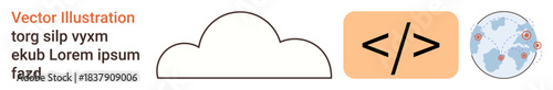 Cloud computing, web development, global connectivity, technology integration, coding, digital transformation. Simple cloud, coding tag and globe global networking. Cloud computing and web