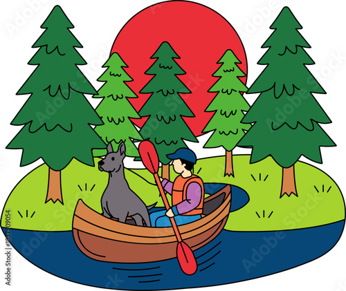 A man and his dog are paddling a canoe in a forest
