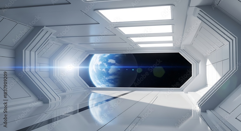 Obraz premium View of planet earth from inside a futuristic white spaceship corridor with bright light flare and reflections