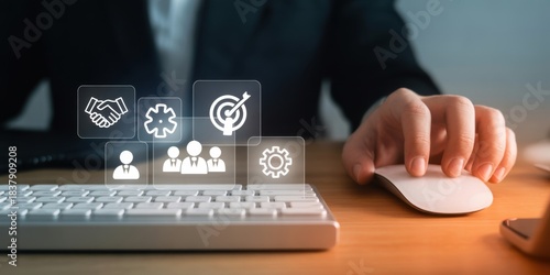 Digital Integration: A focused individual navigates the digital realm, interacting with virtual icons that symbolize collaboration, targets, and innovation.