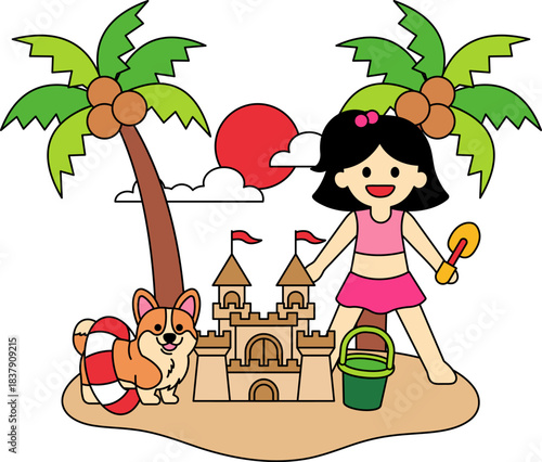 A girl is standing in front of a sand castle with her dog