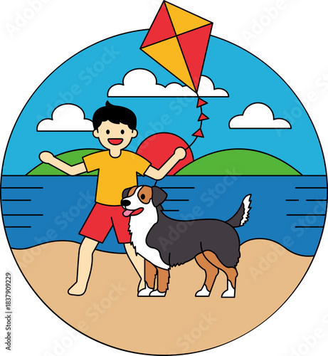 A boy and his dog are playing a kite on a beach