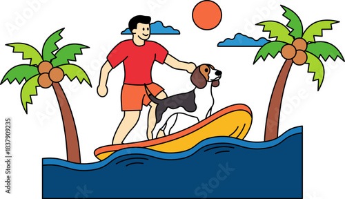A man is riding a surfboard with his dog