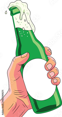 Illustrated hand gripping a vibrant green beer bottle with overflowing white foam and a blank label.
