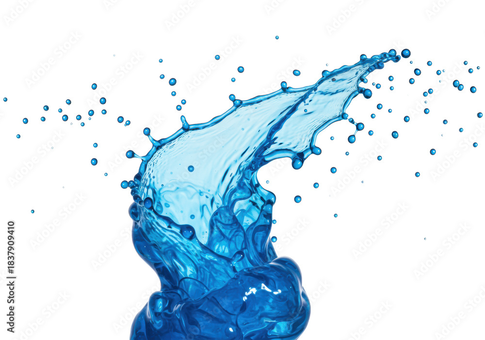 Fototapeta premium Highly detailed, dynamic splash of viscous cerulean blue liquid, frozen in macro high-speed capture with refractive droplets on a transparent background. Concept for commercial elegance