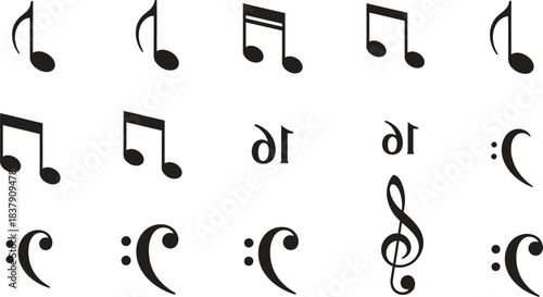 Set of all music notes symbols, flat design vector illustrations