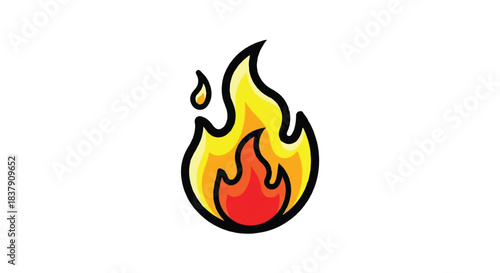 Stylized illustration of a bright orange and yellow flame with a red base and a small droplet of fire above.
