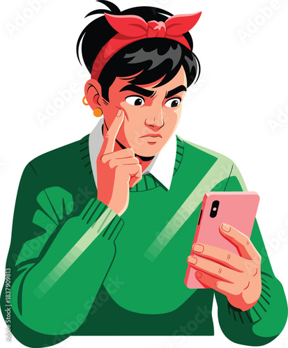 Puzzled person with a red bow headband and green sweater looking intently at a pink smartphone.