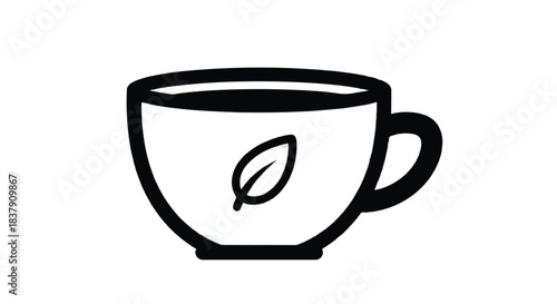 Simple Line Art Icon of a Tea Cup with a Leaf Symbol.