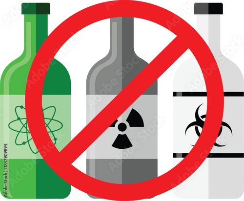Red prohibition sign over bottles with radioactive biohazard and atomic warning symbols.