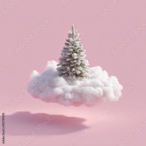 A dreamy Christmas: snow-covered tree floats on a cloud against pastel pink. 