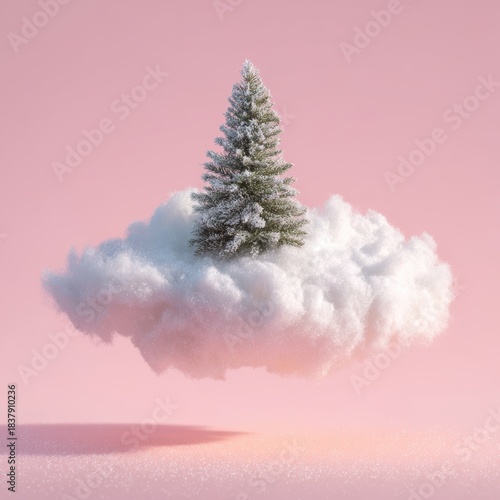 Miniature snowy tree perched on a fluffy white cloud against pastel backdrop.