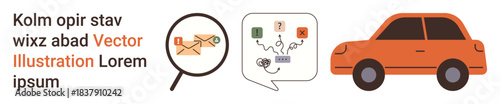 Communication, troubleshooting, transportation, email security, problem-solving, postal services. Magnifying glass over an envelope, question marks and an orange car. Email security