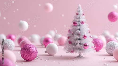 A minimalist Christmas scene featuring a white tree and pink ornaments.