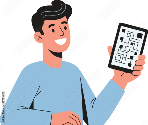 Smiling young man with black hair in a blue sweater holding a tablet with a diagram.