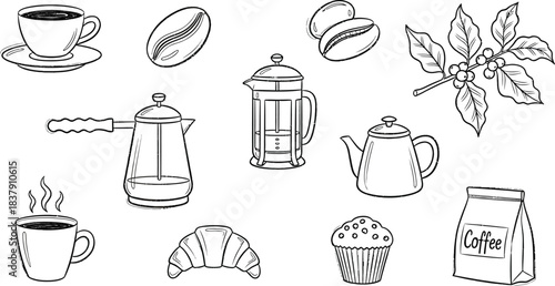 Tea time linear icons set, cookie, cake, kettle, cup, sugar, french press, teaspoon, lemon, apple, infusion bag, strainer black vector Illustrations