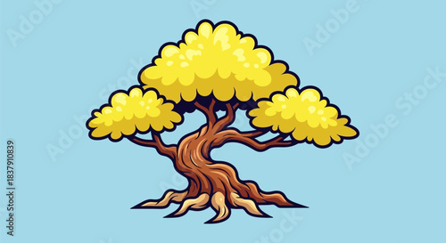 Stylized Golden Tree with Twisted Trunk and Exposed Roots.