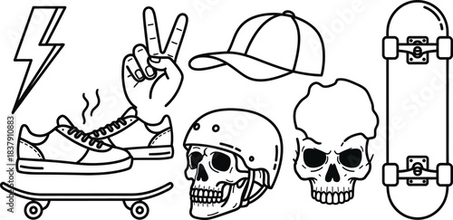Hand-drawn doodle vector set with cool icons like skulls, smiley faces, lightning bolts, game controller, peace sign, and more. Perfect for t-shirts, stickers, and streetwear graphics.