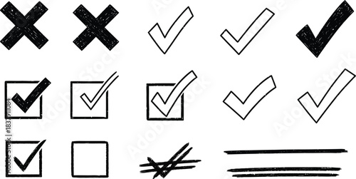 Check tick mark icon set. Cross box x check mark checkbox v list vector draw hand drawn sketch doodle brush marker checklist symbol wrong right circle.