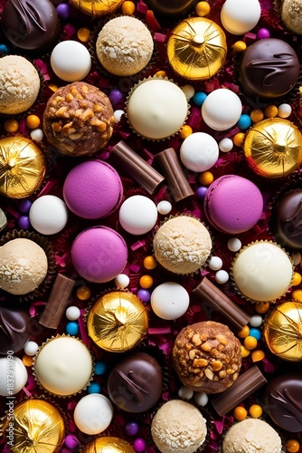 Assortment of chocolate colourful, festive sweets candy macaroons and nuts. Gourmet speciality chocolate bonbons or pralines arranged in a neat rectangle on rustic wood table viewed top down