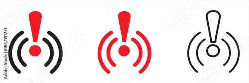Wireless alert signal icons in red and black. Wireless notification icons featuring exclamation marks and signal waves, ideal for illustrating warnings, alerts, connectivity issues. 
