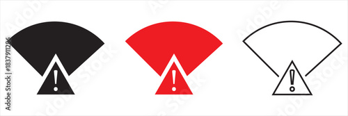 Wireless alert signal icons in red and black. Wireless notification icons featuring exclamation marks and signal waves, ideal for illustrating warnings, alerts, connectivity issues. 
