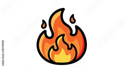 Burning fire flame illustration with orange and yellow colors and black outline.