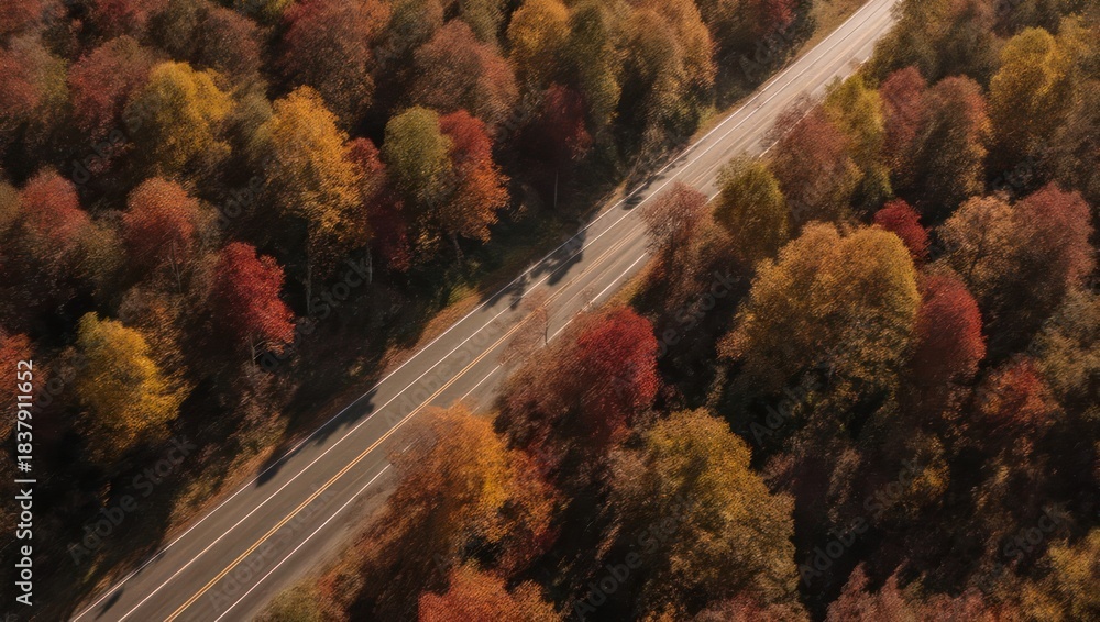 Naklejka premium Aerial View of a Winding Road Through a Vibrant Autumn Forest.